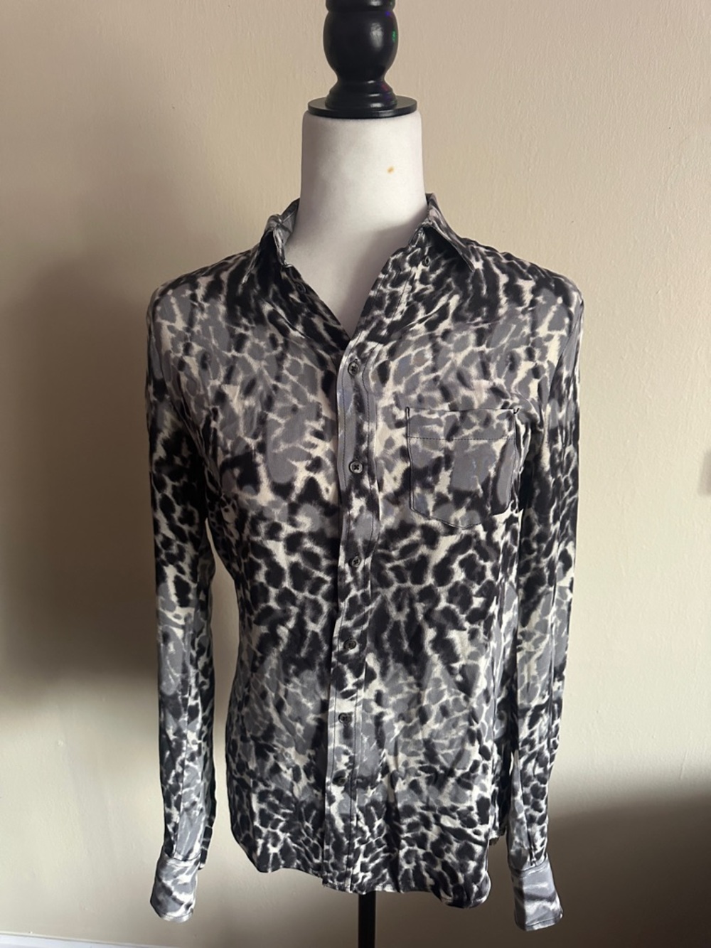 Joseph Black and White Animal Print Sheer Button-Up Blouse